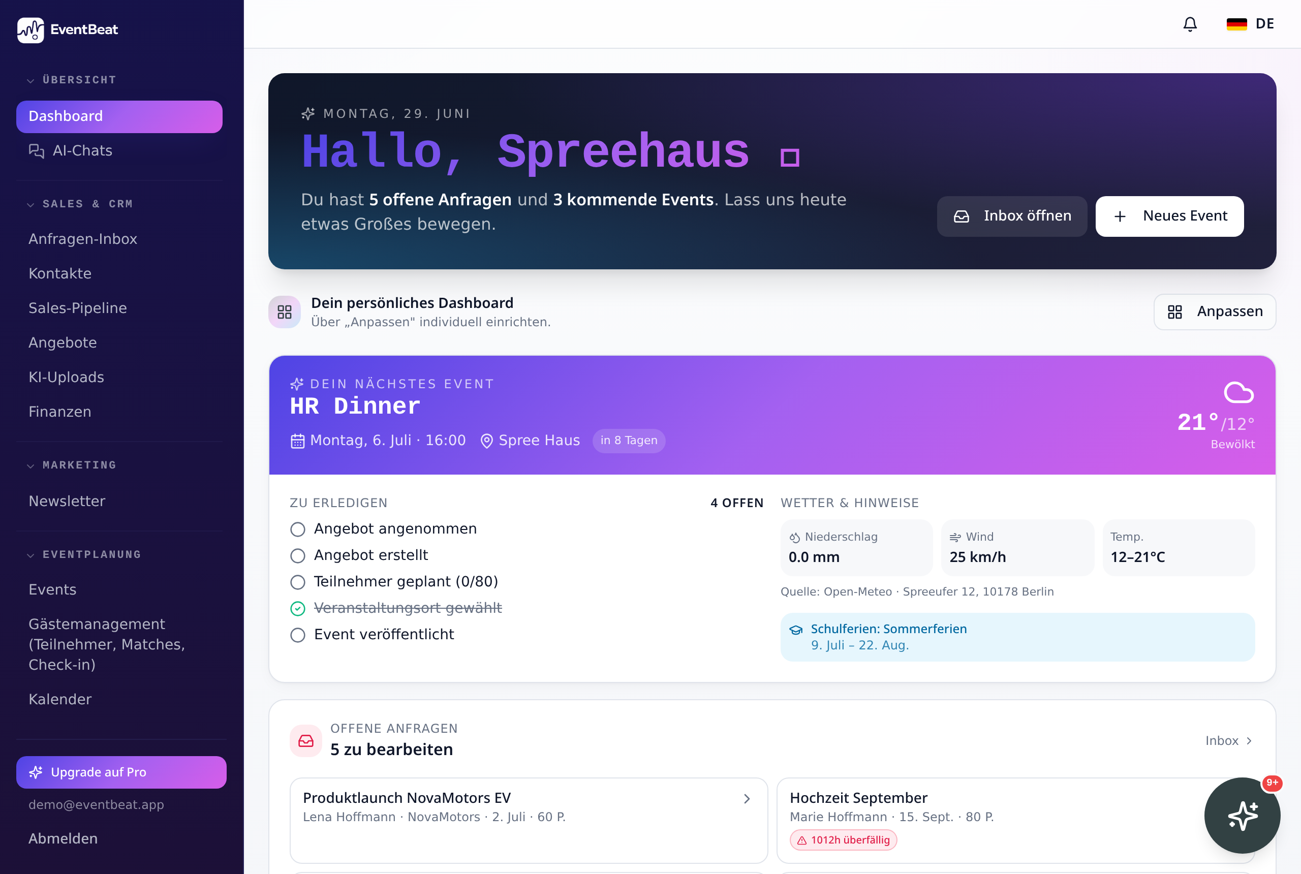 EventBeat Dashboard mit Anfragen, Angeboten und Events